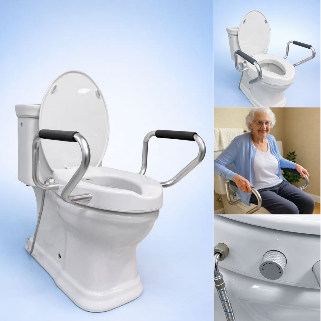 Toilet Seat Riser&Toilet Seat with Support Arms&Bidet Seat Riser with handles & All-In-One Toilet Safety & Hygiene System